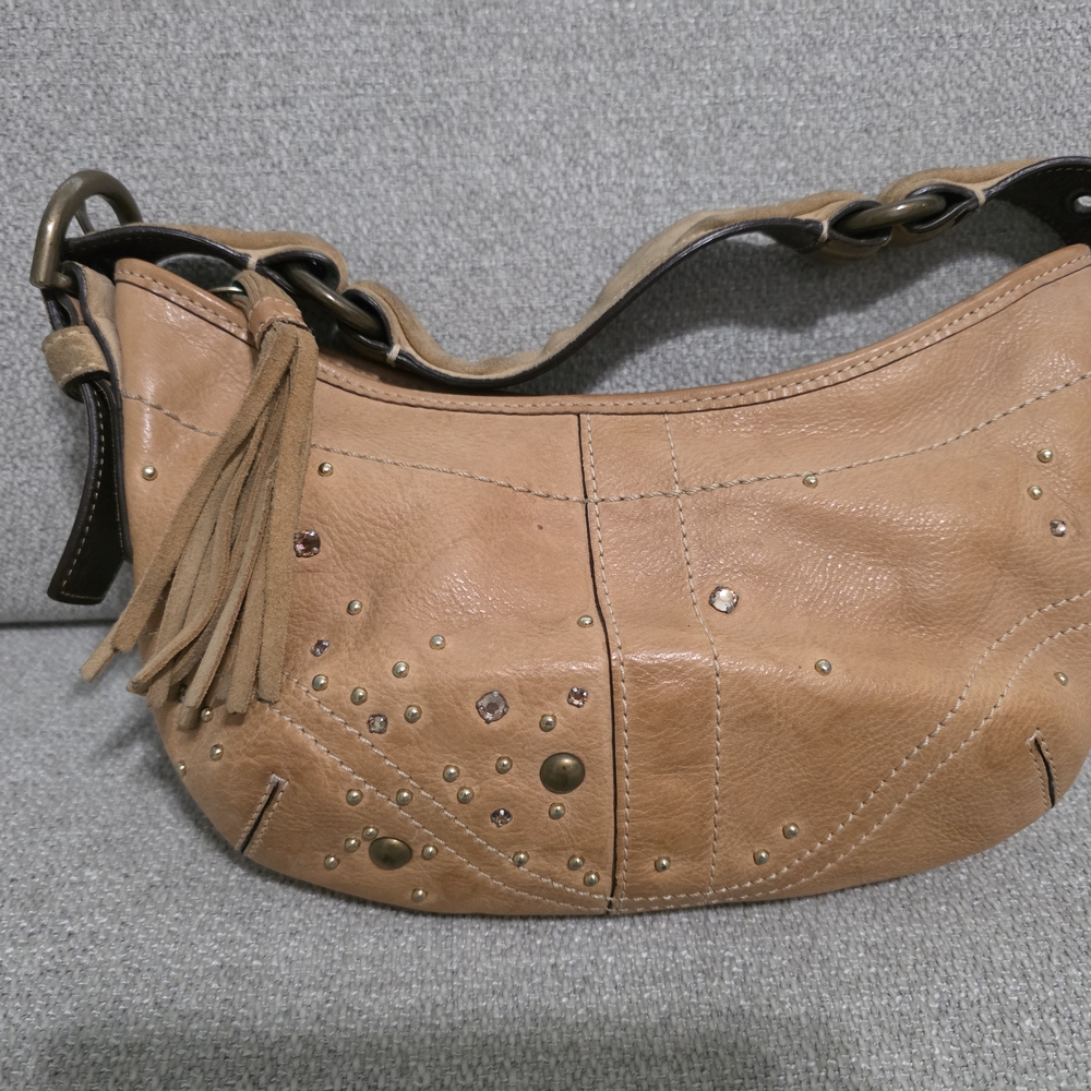 Studded Tan Leather Shoulder Bag